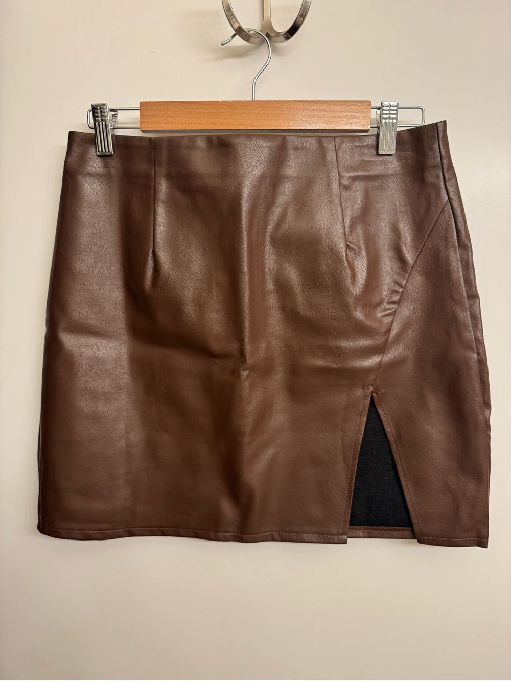 Brown Faux Leather Mini Skirt with Front Slit